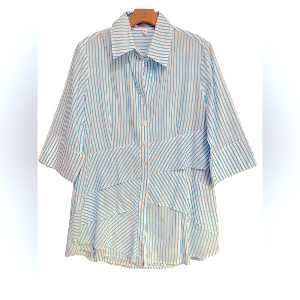 Evelyn & Arthur Sz S Jenna Turquoise White Stripes Front Ruffle Tiers Tunic